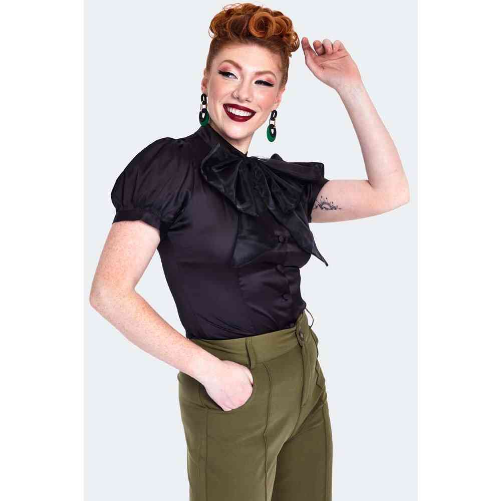 Voodoo Vixen - Organza Bow Satin Bluse - Schwarz